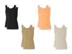 Zwei Packungen Damen-Tanktops in Schwarz, Orange, Beige und Creme.