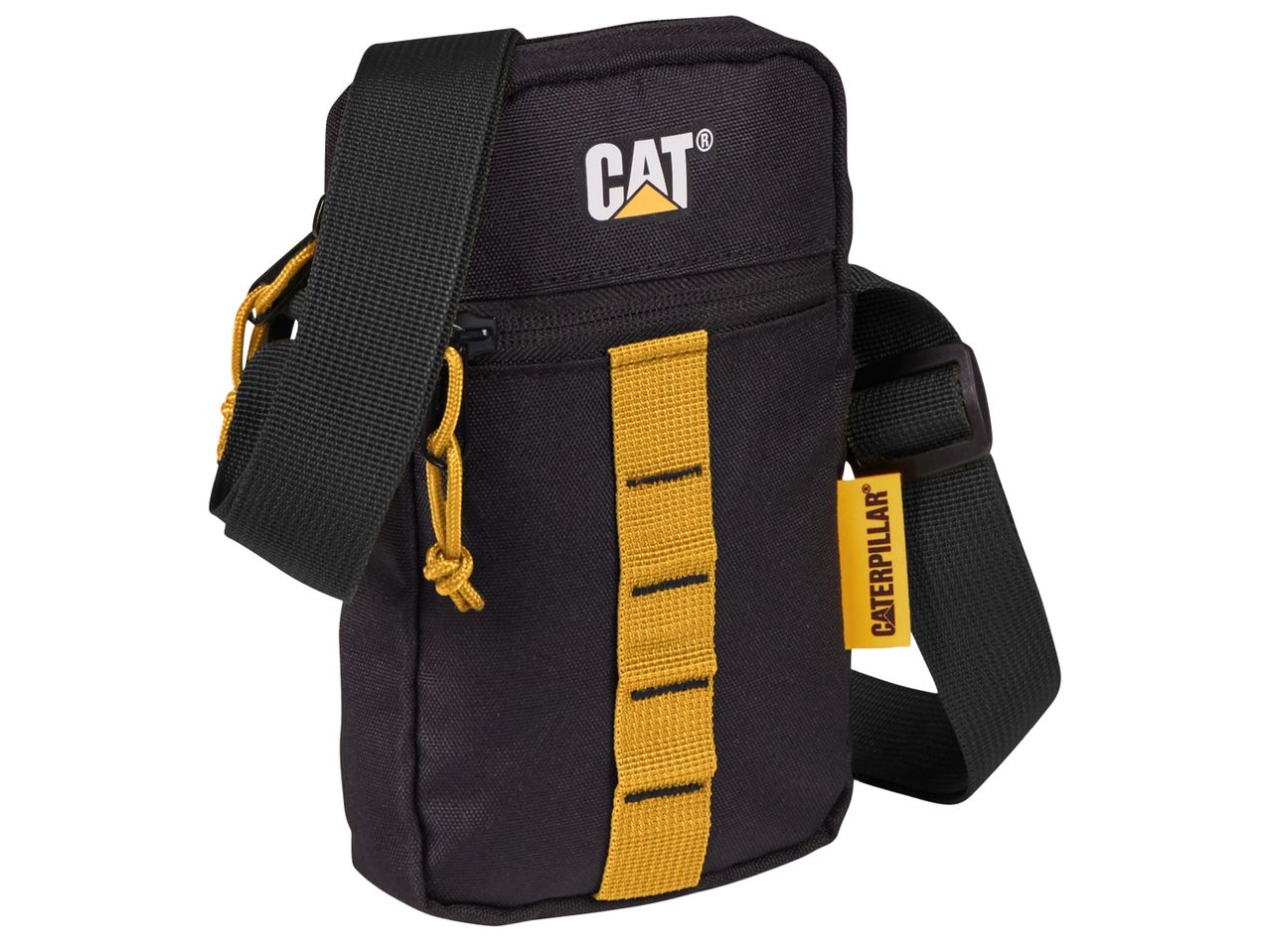 Черна чанта през рамо Caterpillar® с жълти детайли.
