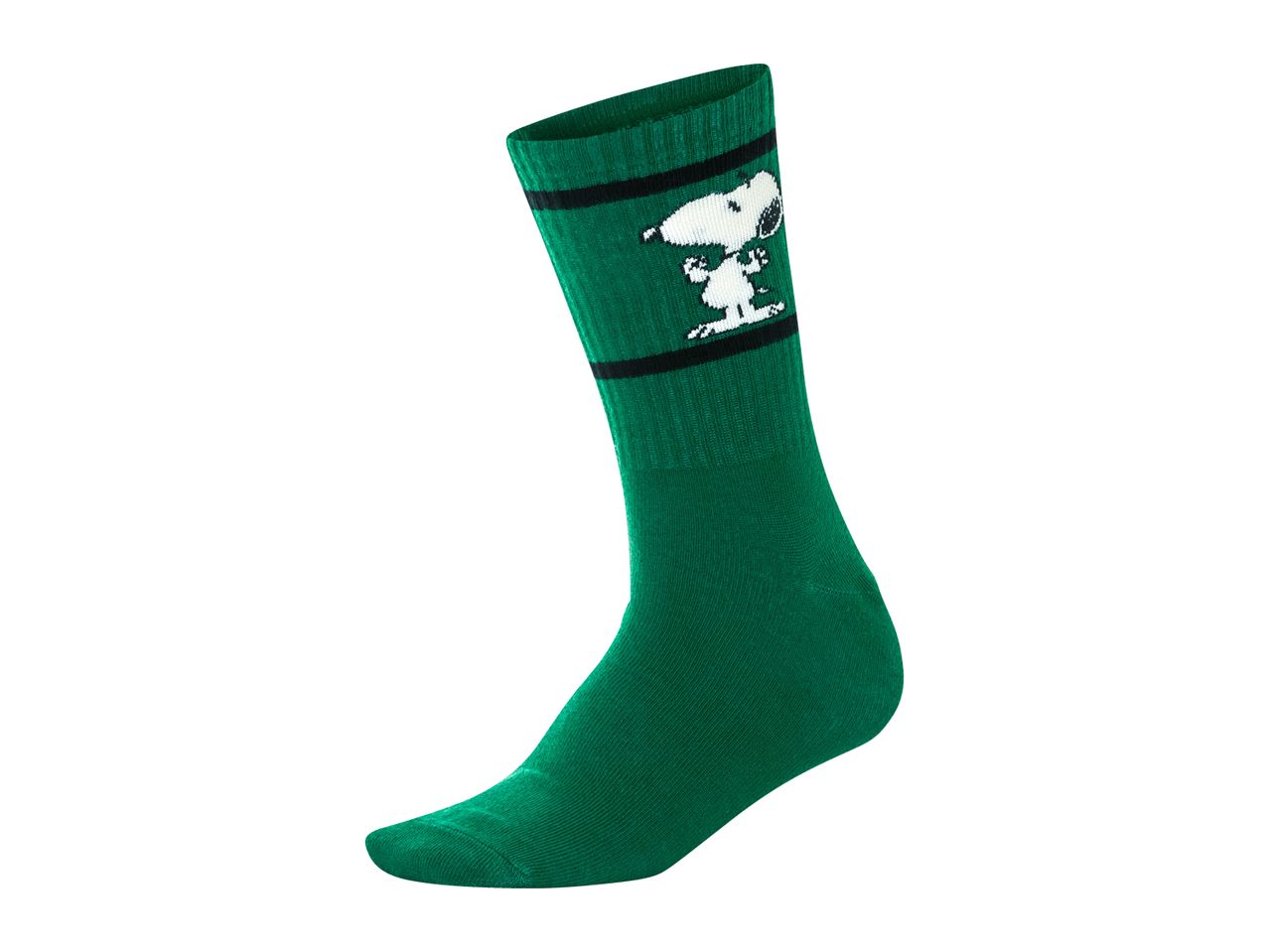 Green sock with Snoopy character and black stripes