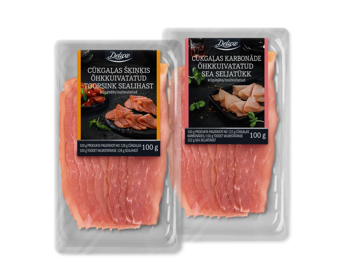 Kaks pakki Deluxe õhukuivatatud sealiha: sink ja karbonaad.