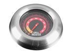 Round grill thermometer with a black carbon fiber-style face, red and yellow temperature markings, and a red needle.