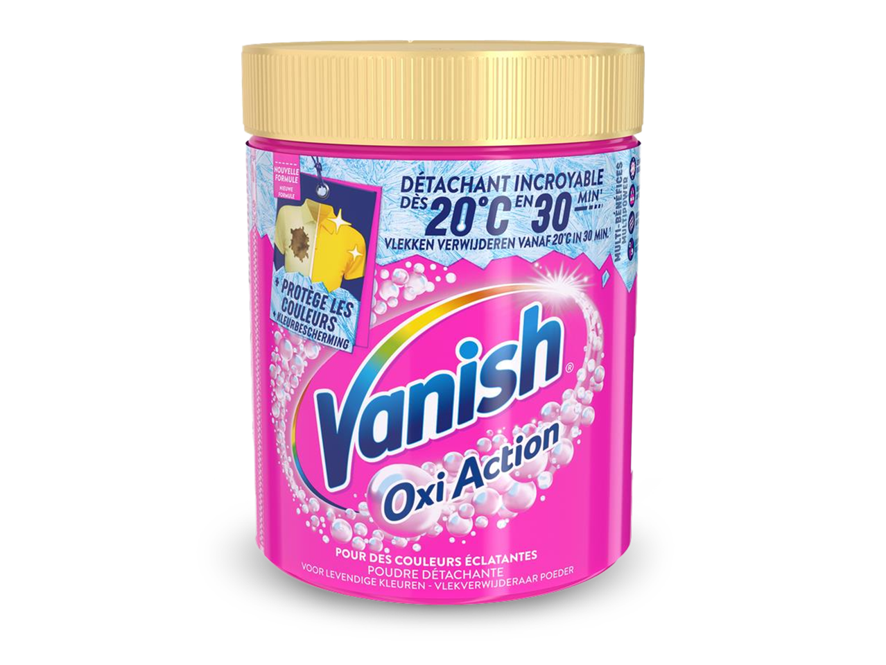 Roze vlekverwijderaarpoeder met de tekst 'Incredible Stain Remover' en 'Protects Colors'.