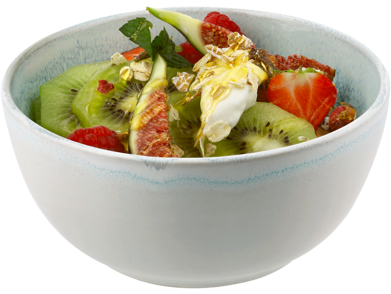 Bol de muesli cu kiwi, căpșuni, zmeură, smochine și iaurt.