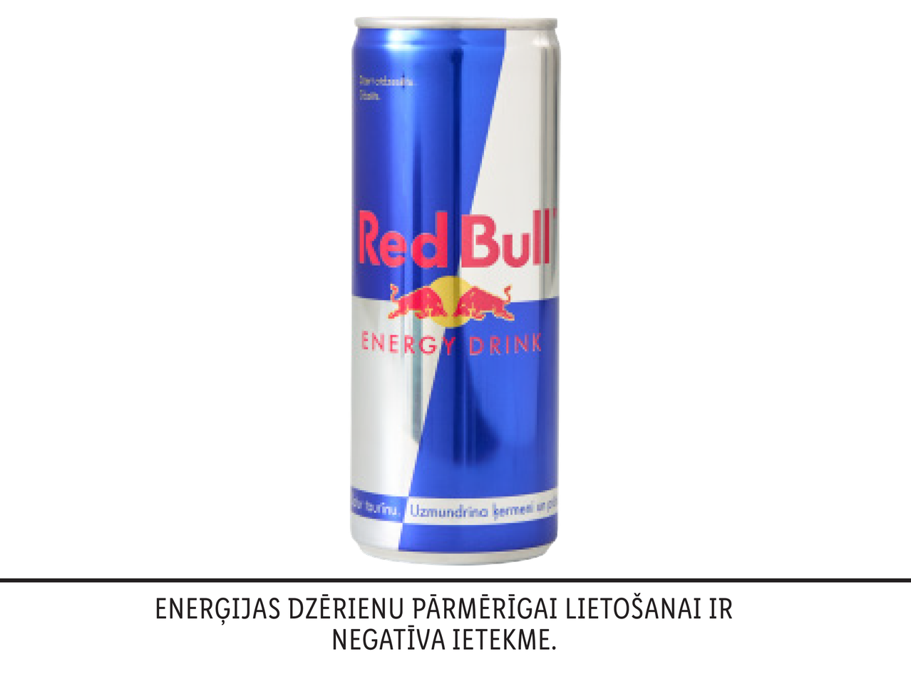 Red Bull enerģijas dzēriena bundža ar brīdinājumu par pārmērīgu lietošanu.