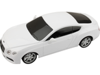 White toy car with black windows and silver wheels, viewed from an elevated angle.