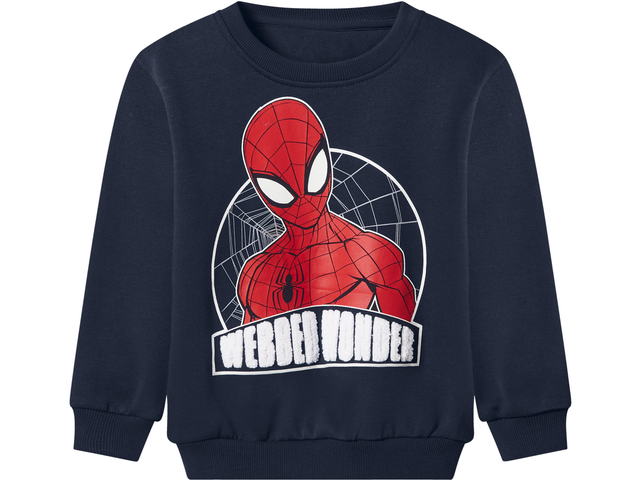 Dark blue kids' sweatshirt with a Spiderman print and 'WEBBER WONDER' text.