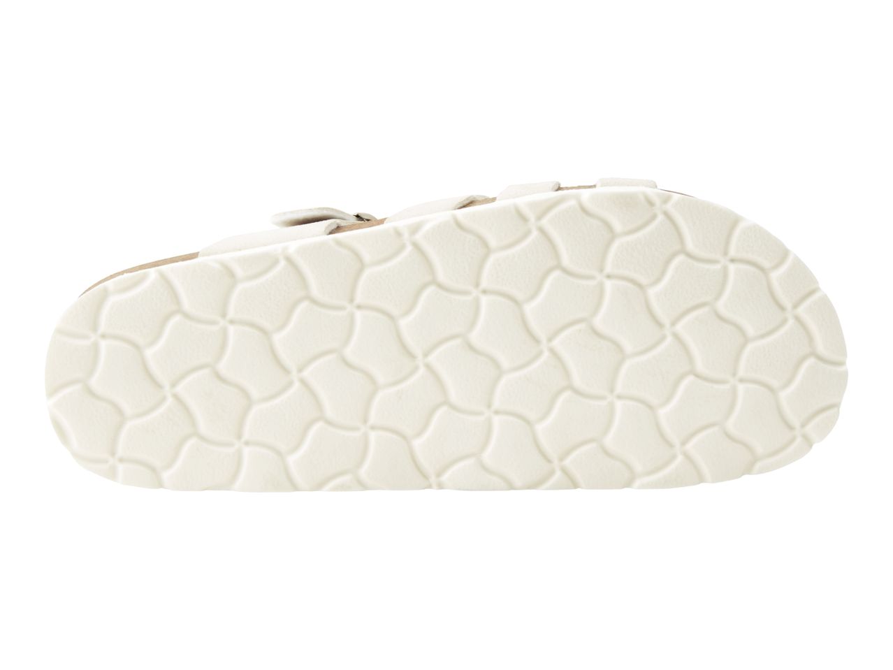 Bottom view of a pair of white Birkenstock sandals.