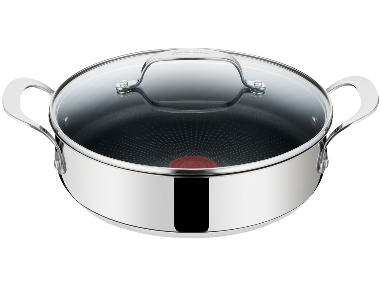 Cratiță Tefal Jamie Oliver cu capac de sticlă și interior antiaderent.