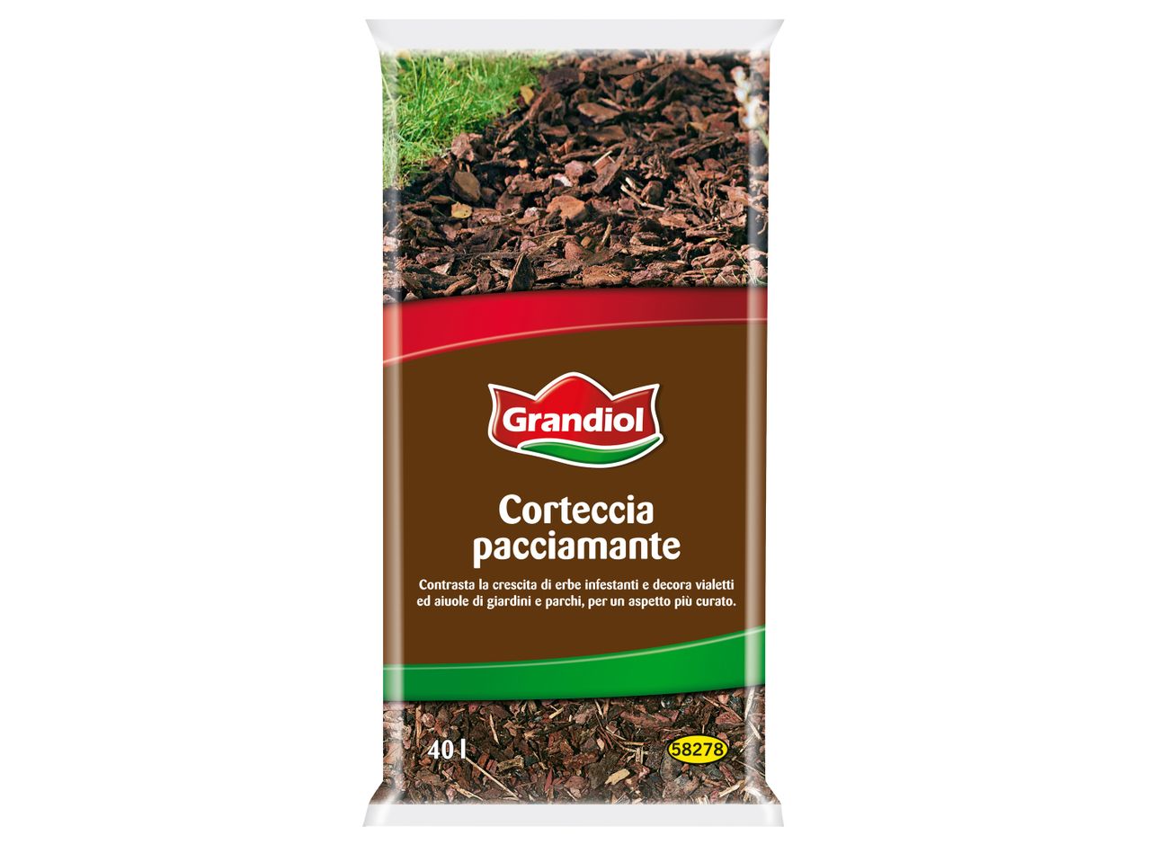 Sacco di corteccia pacciamante Grandiol per giardini e parchi.
