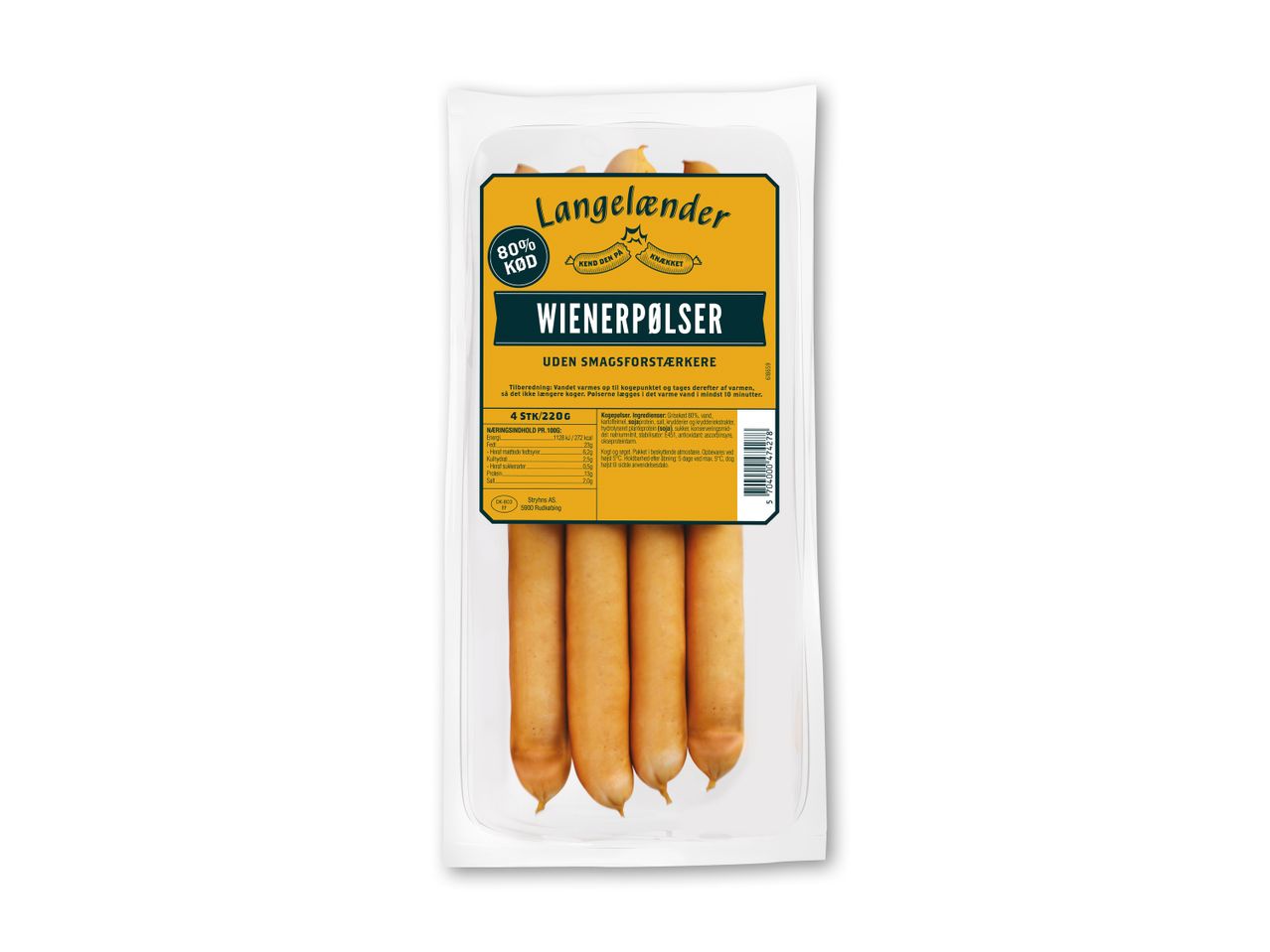 Langelænder wienerpølser, 80% kød, i gennemsigtig emballage.