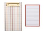 A clipboard with a colorful plaid pattern and a blank lined note card with a red border.