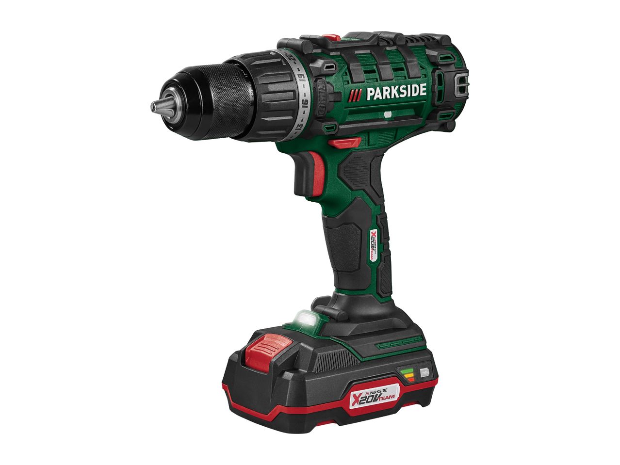 A green and black cordless drill with a battery pack, featuring the Parkside X 20V Team branding.