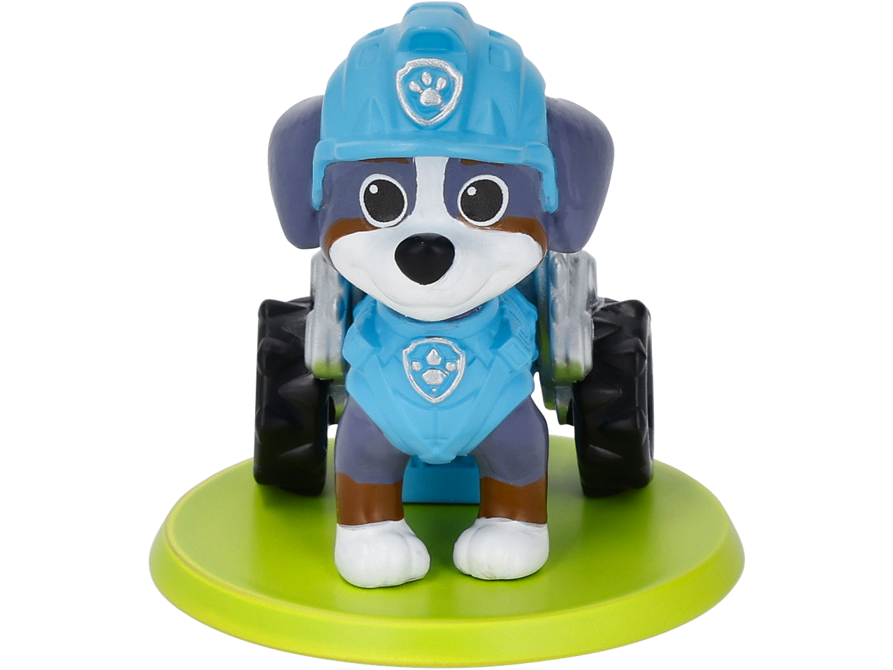 Figura de cão com capacete e colete azuis numa base verde.