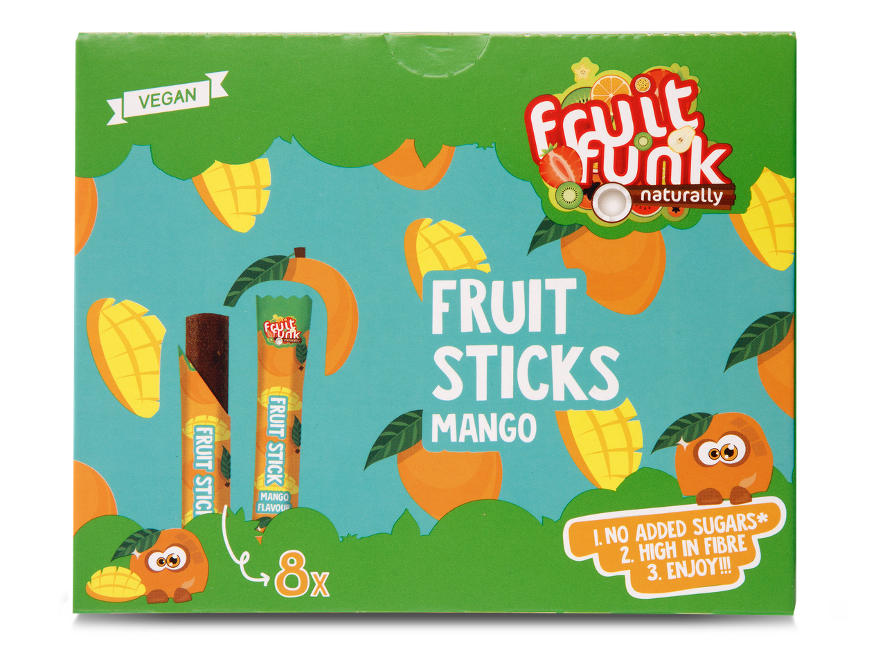 Veganistische fruitsticks met mangosmaak, 8 stuks, zonder toegevoegde suikers en rijk aan vezels.