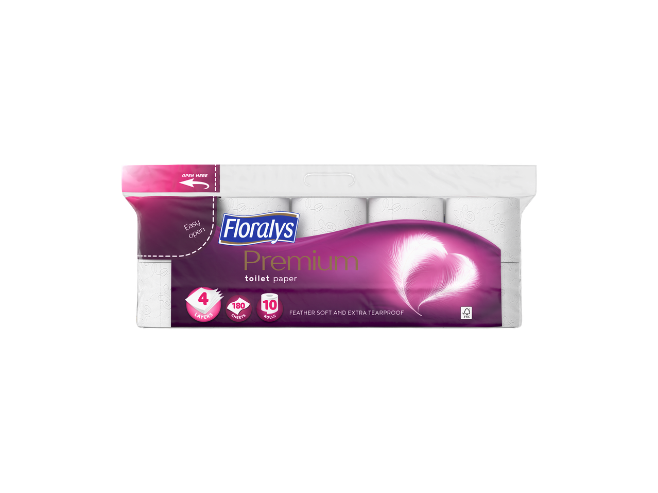 Floralys Premium toalettpapír, 10 tekercs, 4 rétegű, 180 lap, tollpihe puha és extra szakadásálló.