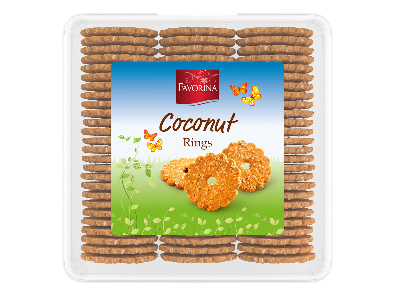 Inele de cocos Favorina în ambalaj plastic.