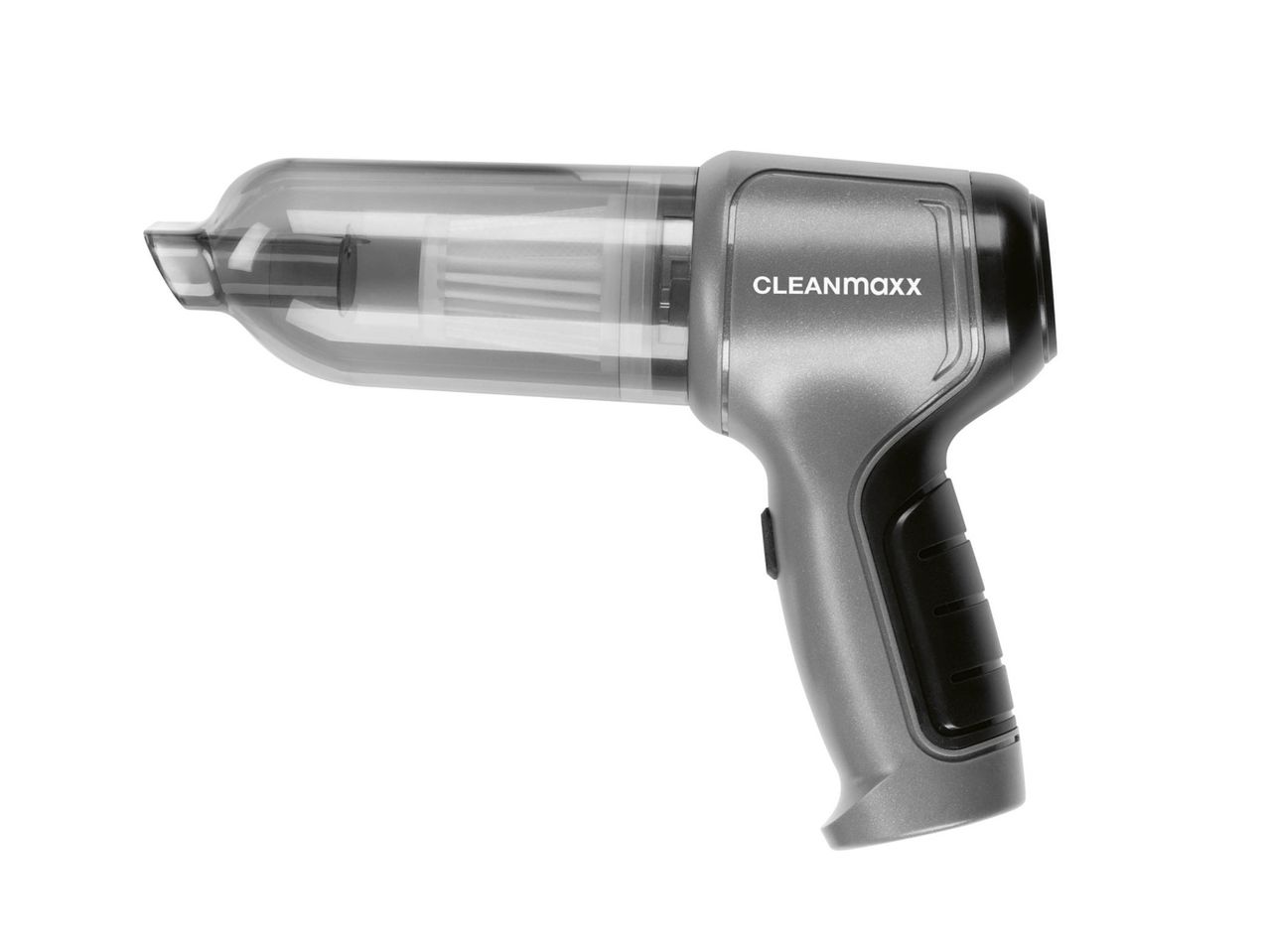 Un aspirapolvere portatile grigio e nero con il marchio CLEANmaxx.