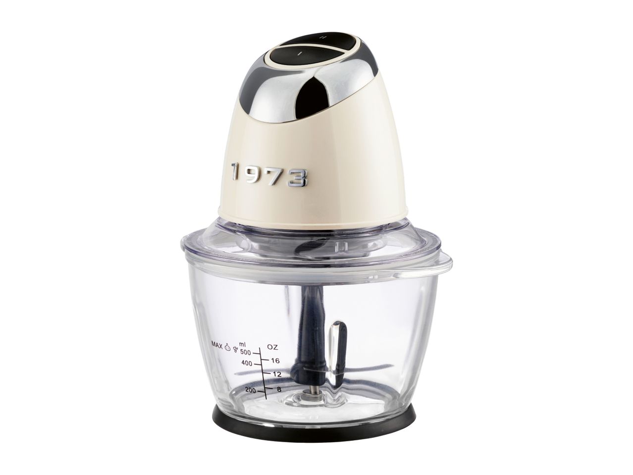 Cream and chrome food chopper with a clear bowl and '1973' embossed on the base.