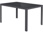 Mesa retangular com tampo de vidro cinzento escuro e estrutura metálica.