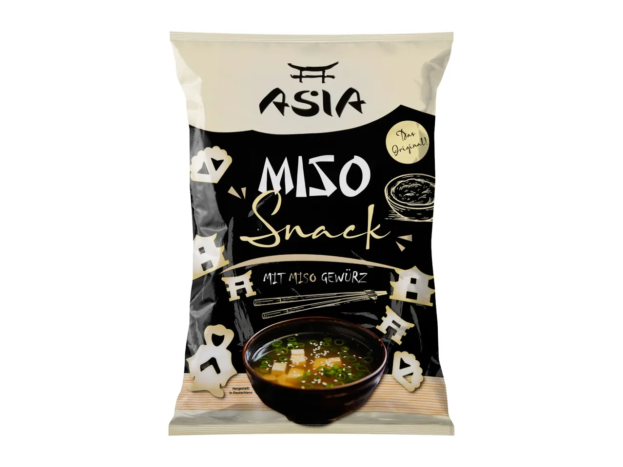 Miso snack bag with miso soup and snack pieces, featuring Asian-inspired design.