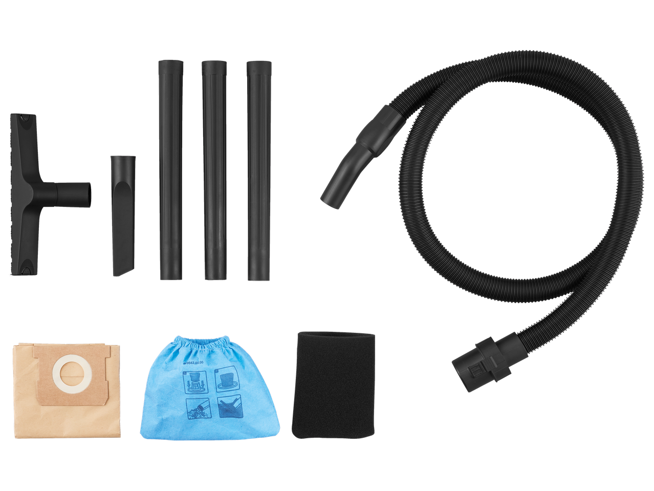 Parkside® mitrās/sausās tīrīšanas putekļsūcēja piederumi: šļūtene, uzgaļi, pagarinājuma caurules, papīra un auduma filtri.