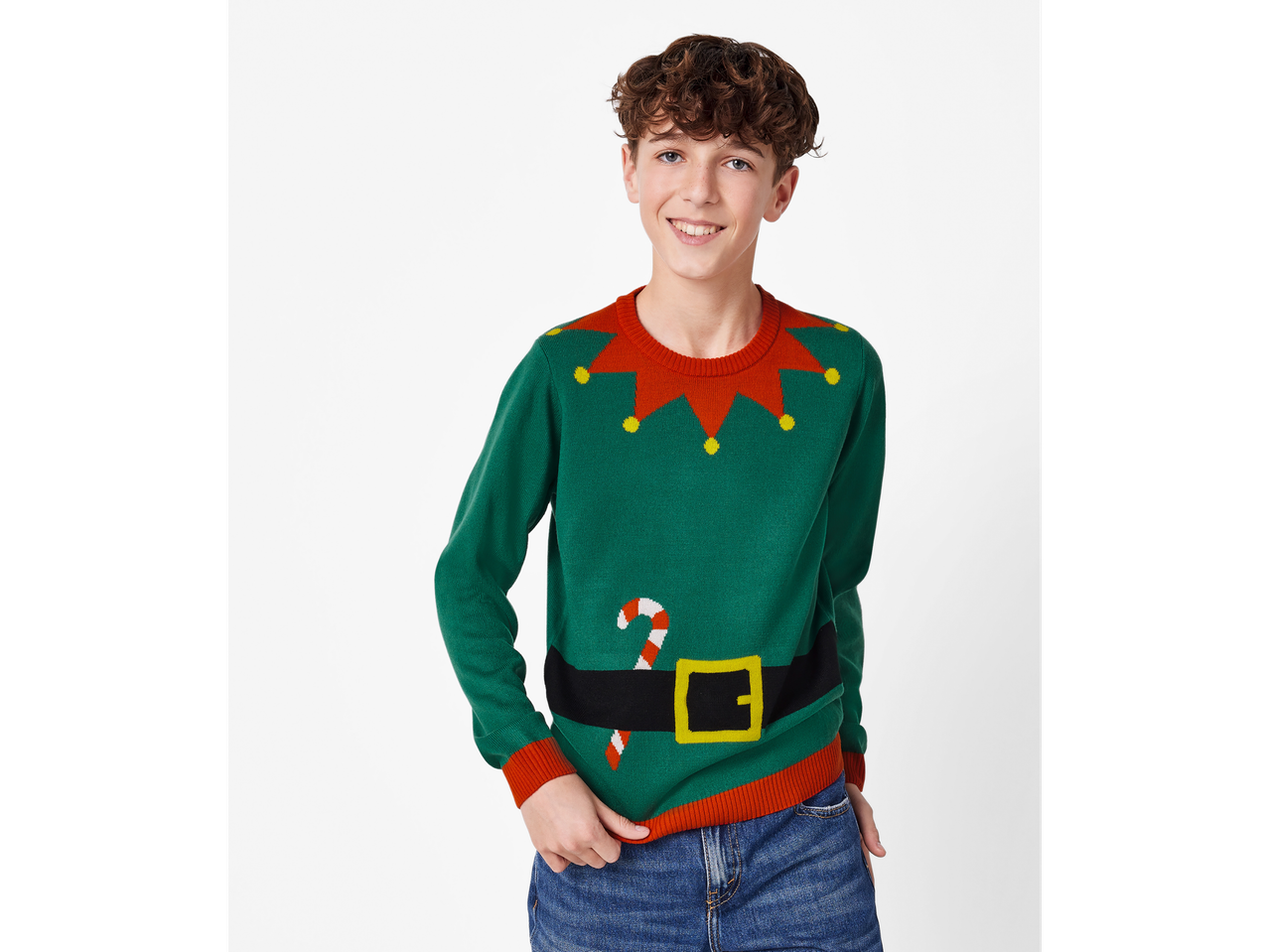 Smiling boy in an esmara® Kids' Light-Up Christmas Jumper with an elf design
