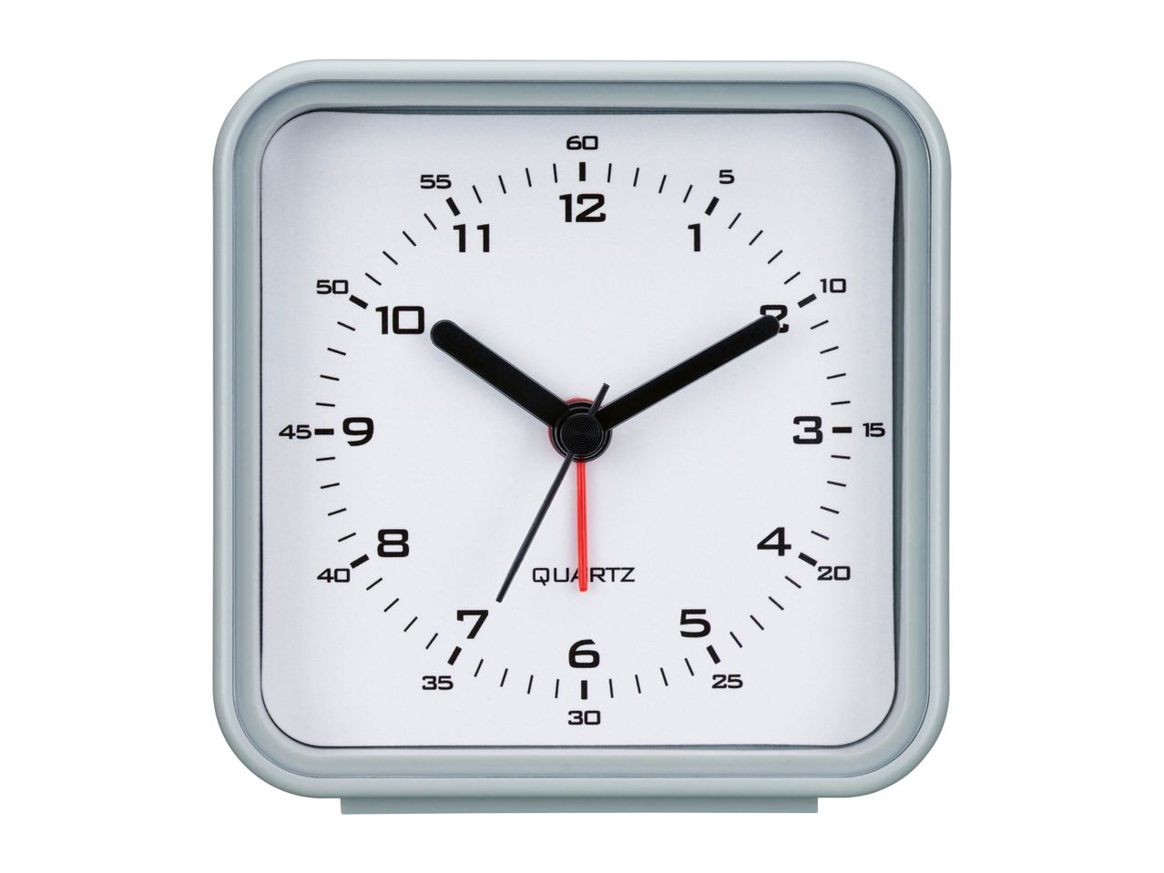 A gray square alarm clock with a white face and black hands.