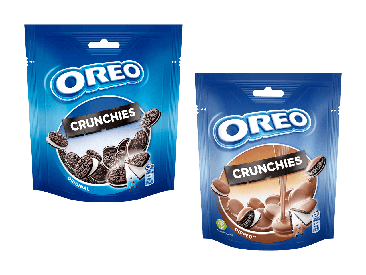 Deux paquets d'Oreo Crunchies, un original et un enrobé de chocolat.