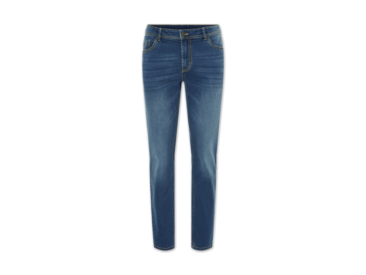 Eine mittelblaue Jeans mit hoher Taille und schmalem Bein.