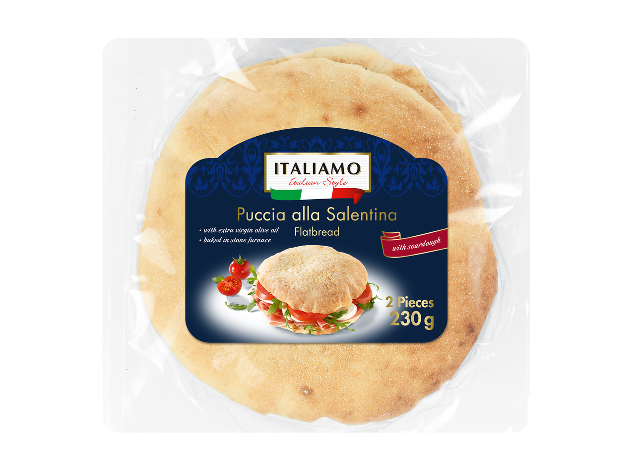 Pain plat Puccia alla Salentina avec huile d'olive vierge extra, cuit au four en pierre, avec levain, 2 pièces, 230g.