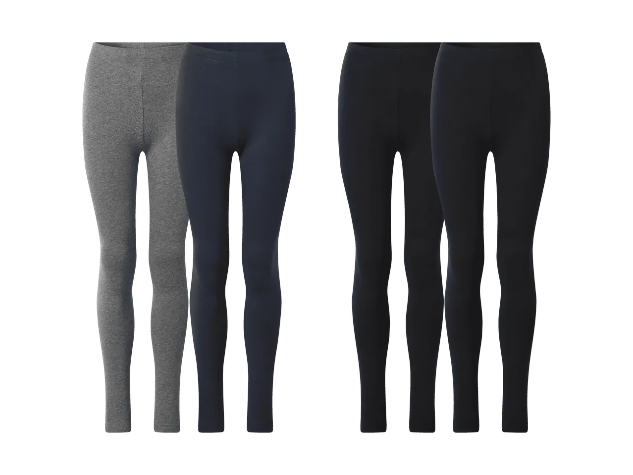 Fire par leggings i grå, mørkeblå og sorte farver.