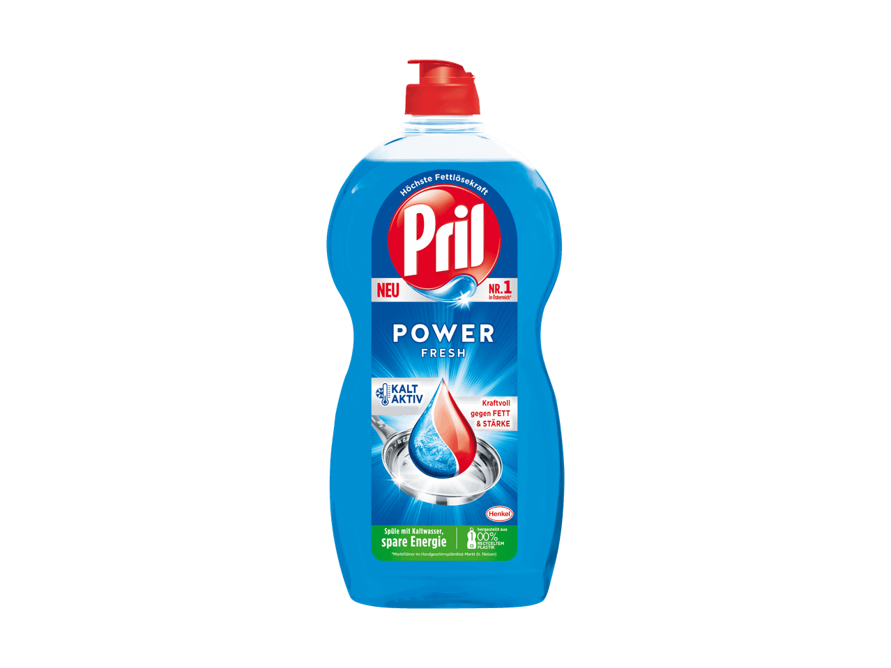 Pril Power Fresh Spülmittel in einer blauen Flasche.