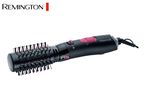 Black hot air styler with pink accents and a round brush head.