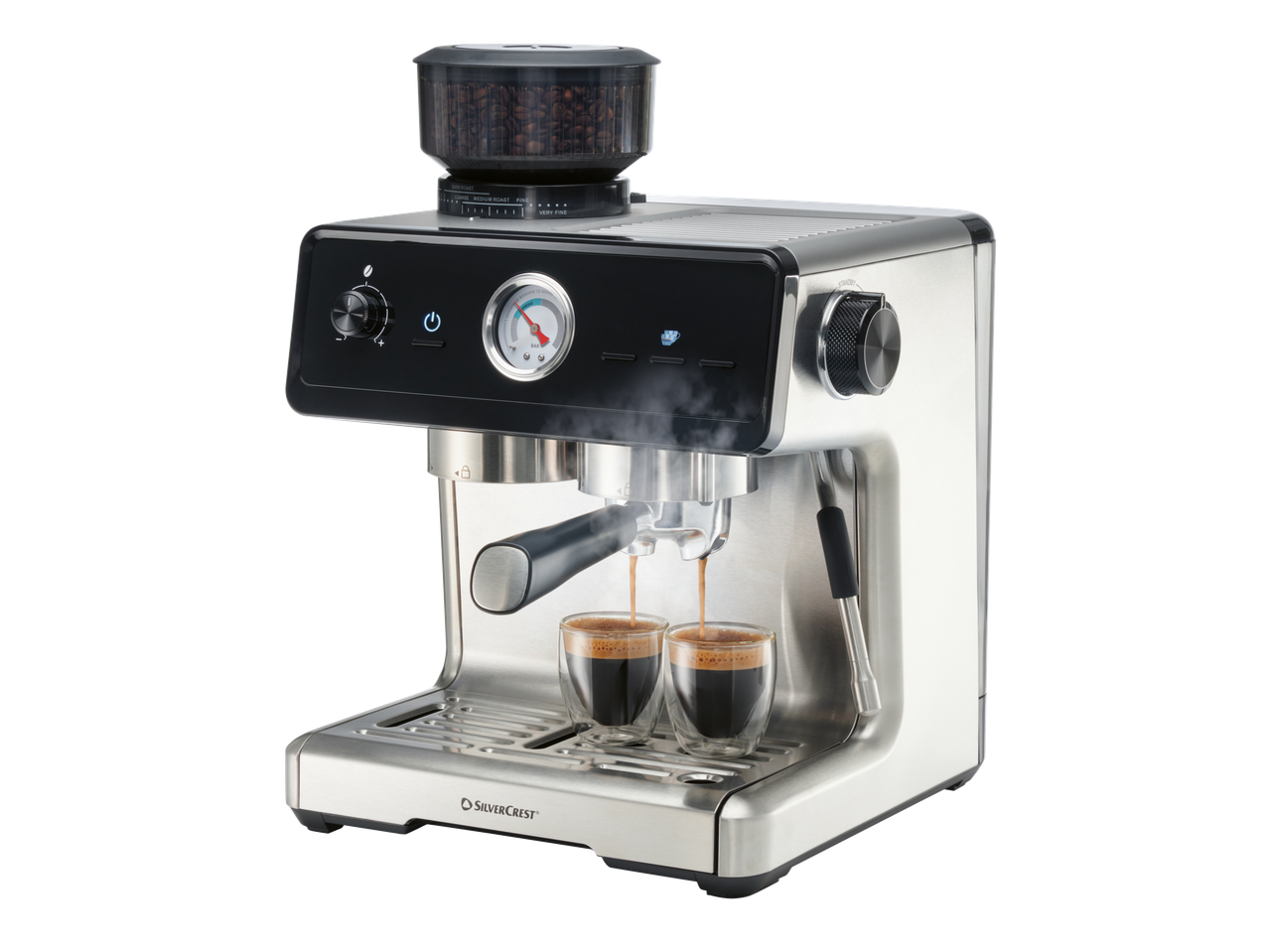 Espressor SilverCrest cu râșniță de cafea integrată, preparând două cafele.