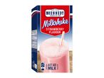Strawberry milkshake powder with a glass of prepared milkshake and a straw.