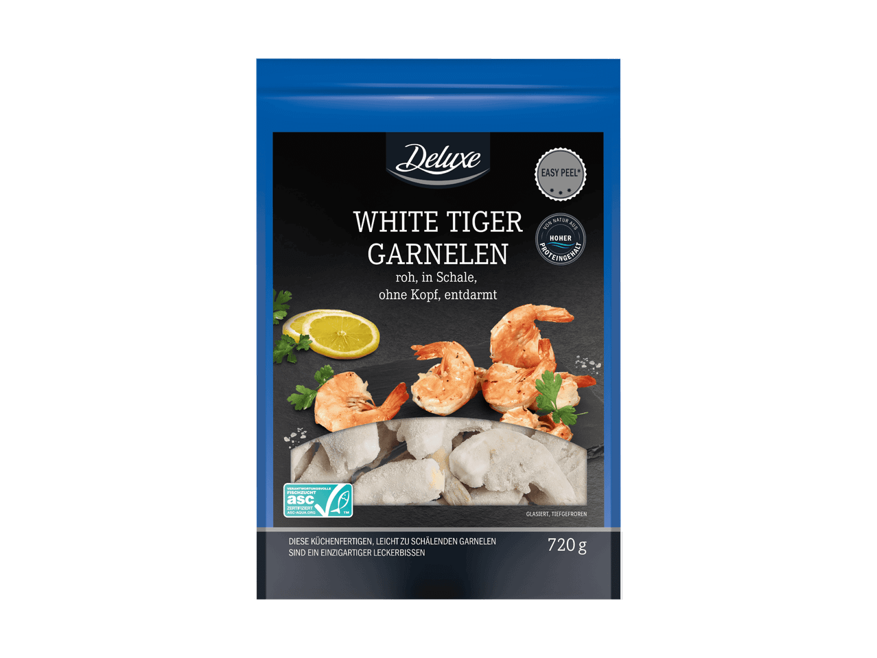 Verpackung mit White Tiger Garnelen, roh, in Schale, ohne Kopf, entdarmt, mit ASC-Zertifizierung.
