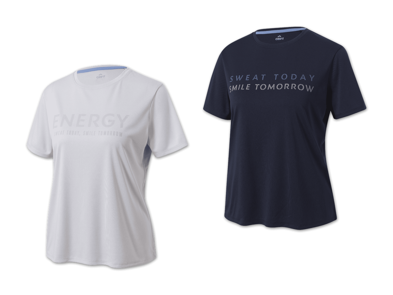 Zwei Sport-T-Shirts, eines weiß mit „ENERGY“ und eines dunkelblau mit „SWEAT TODAY SMILE TOMORROW“.