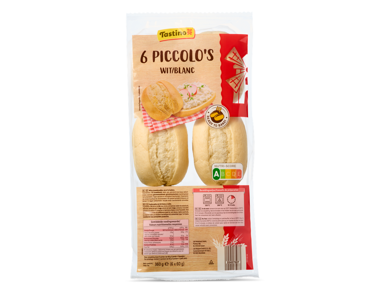 Tastino's 6 Piccolo's witte broodjes, klaar om te bakken.