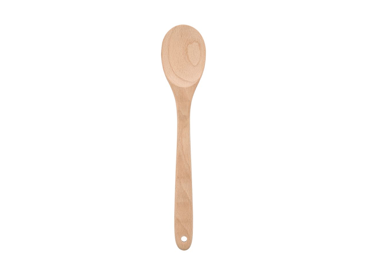 Wooden cooking spoon with a hole in the handle, isolated on a white background.