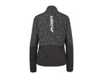 Black and grey athletic jacket with a textured pattern and an orange drawstring.