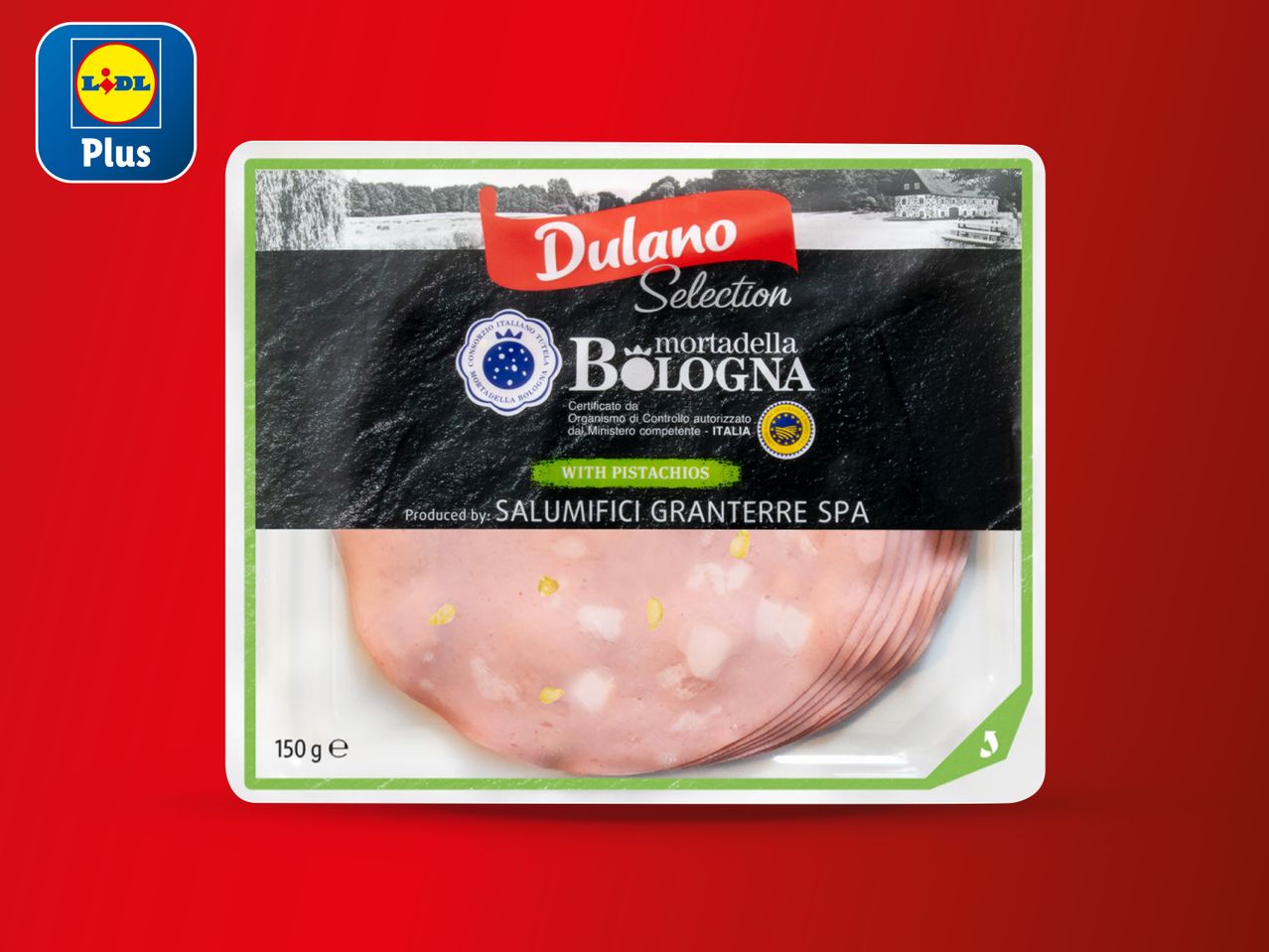 Pakiranje Lidl Plus Dulano Selection mortadelle Bologna s pistacijima (150g).