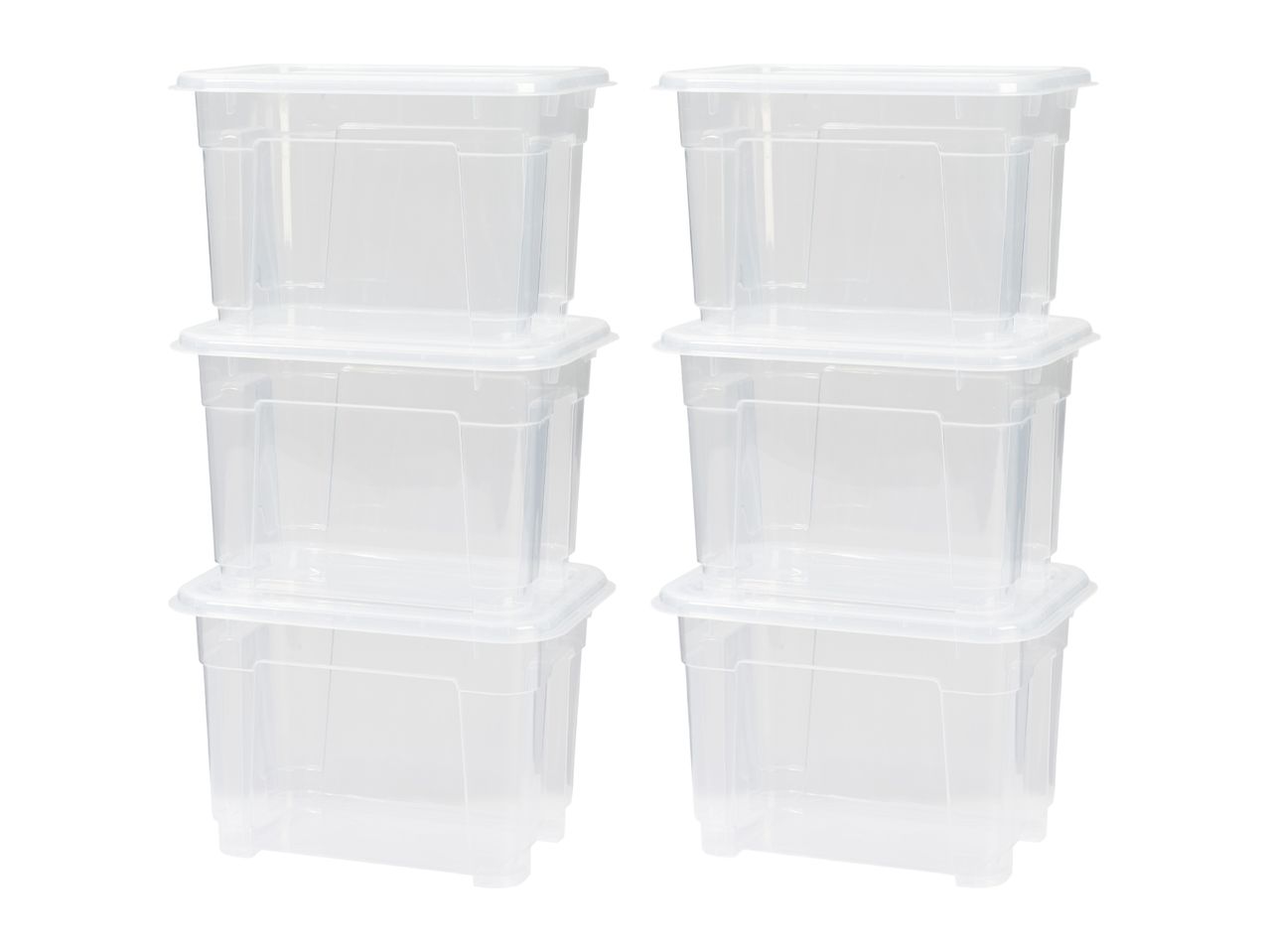 Two stacks of three clear plastic storage boxes with lids