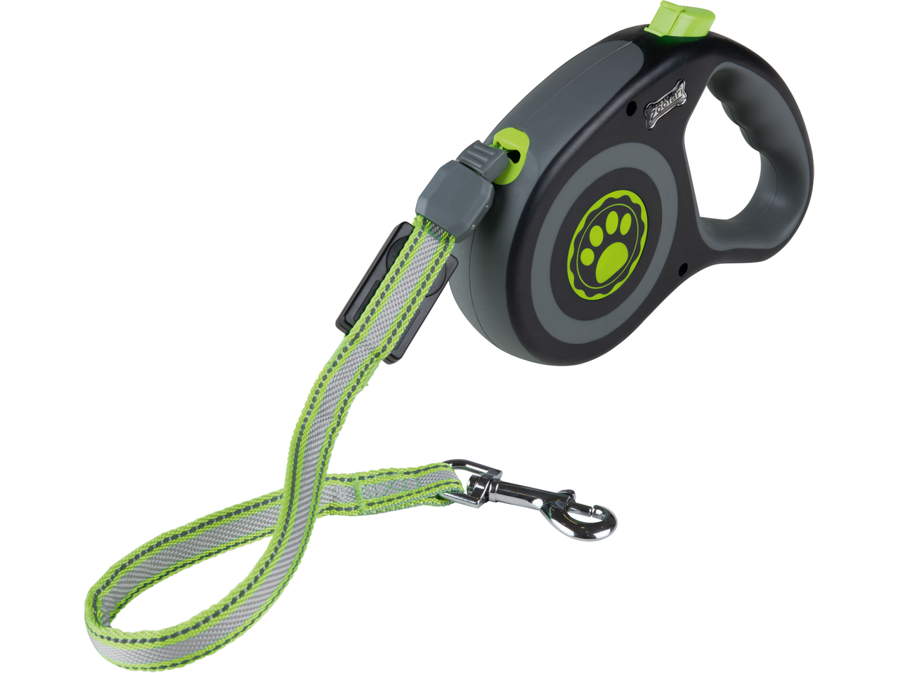 Zoofari sissetõmmatav koerarihm hallis ja laimirohelises värvitoonis metallist konksuga.