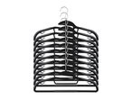 A stack of black and grey non-slip clothes hangers with metal hooks.