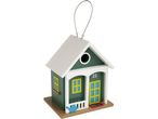 A charming green Nest Box with a white roof and yellow and blue accents, featuring a number 23 and a welcome mat.