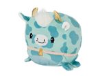 Light blue cow plush toy with darker blue spots, golden horns, and a bell collar.