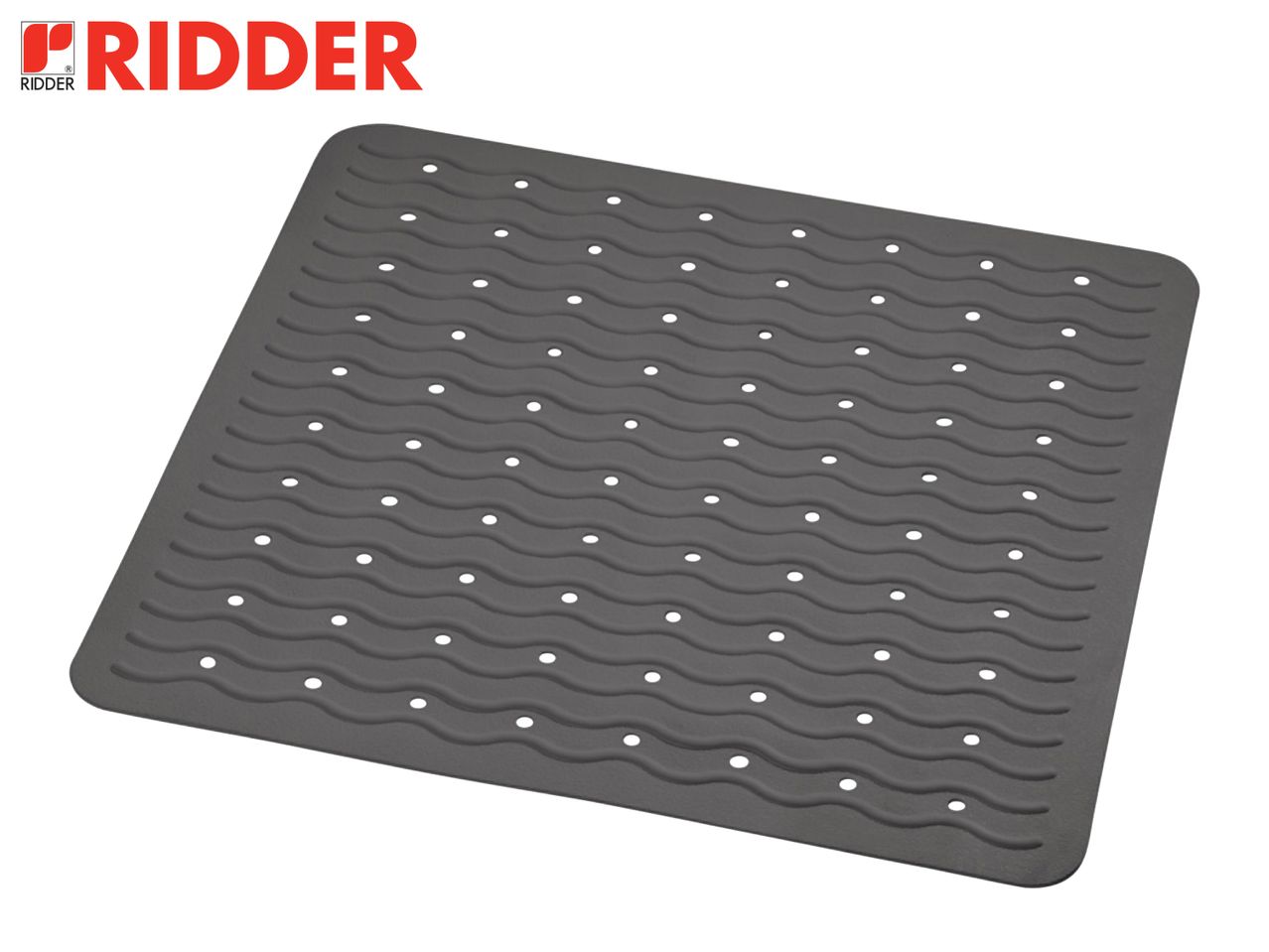 RIDDER branded dark grey bath mat with wavy texture and drainage holes.