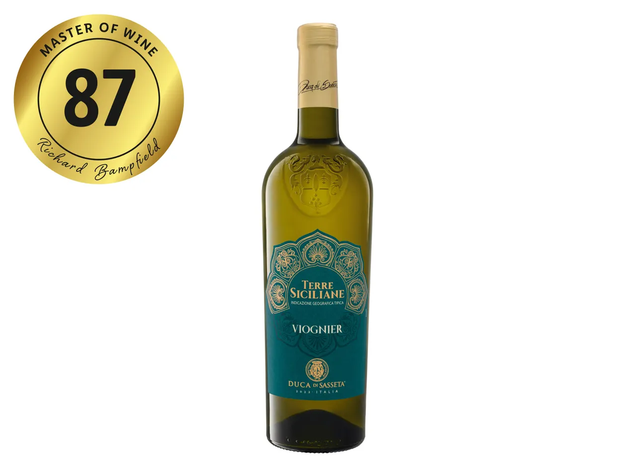 A bottle of Duca di Sasseta Terre Siciliane Viognier wine with an 87-point Master of Wine rating.