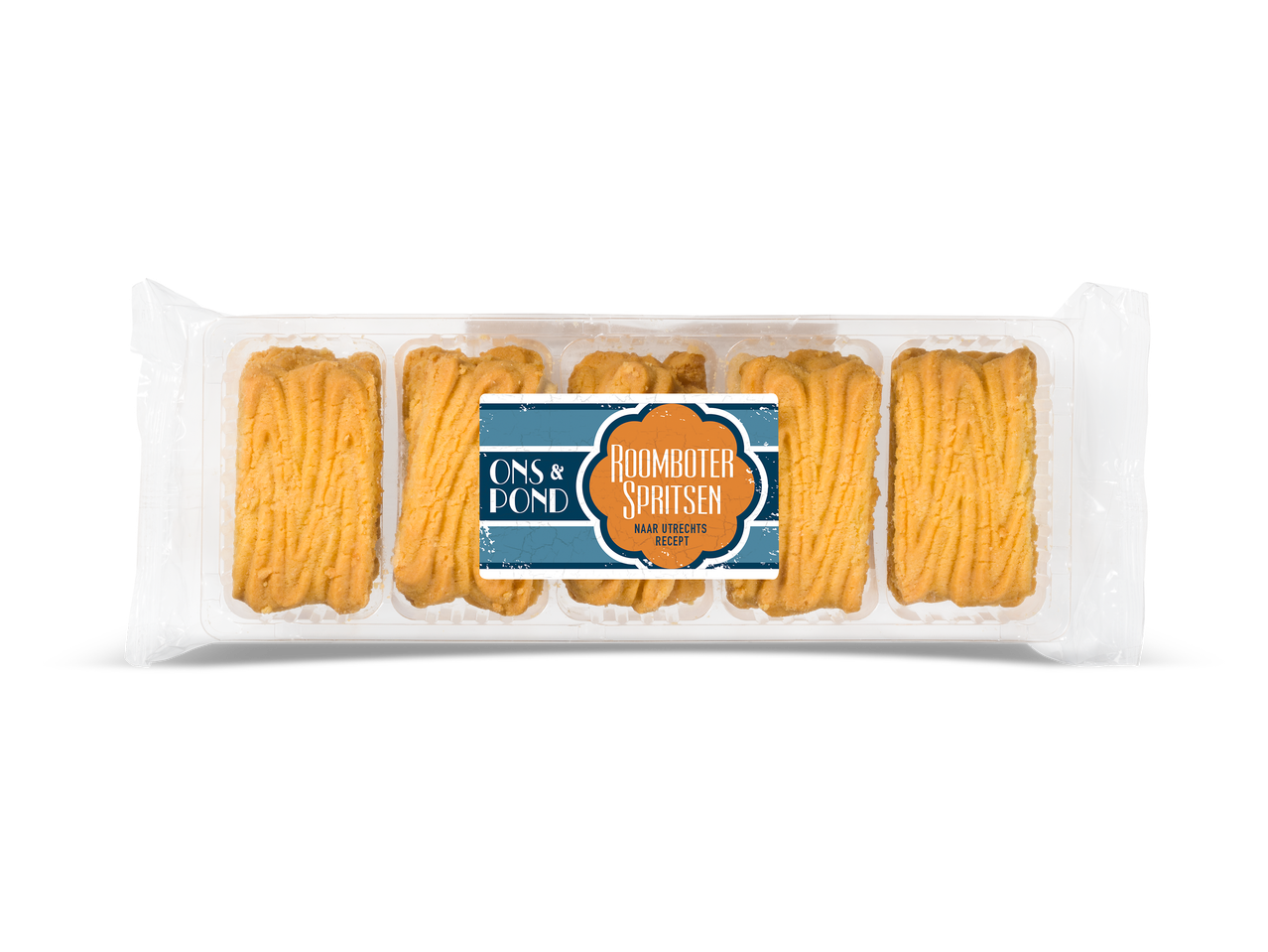 Een verpakking met roomboterspritsen, met een label met de tekst 'ONS & POND ROOMBOTER SPRITSEN NAAR UTRECHTS RECEPT'.
