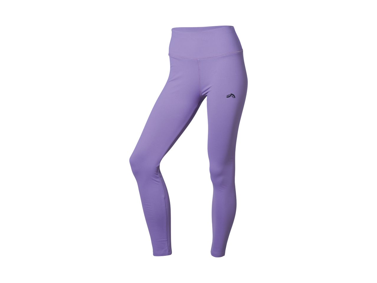 Purple high-waisted athletic leggings with a small black logo on the thigh.